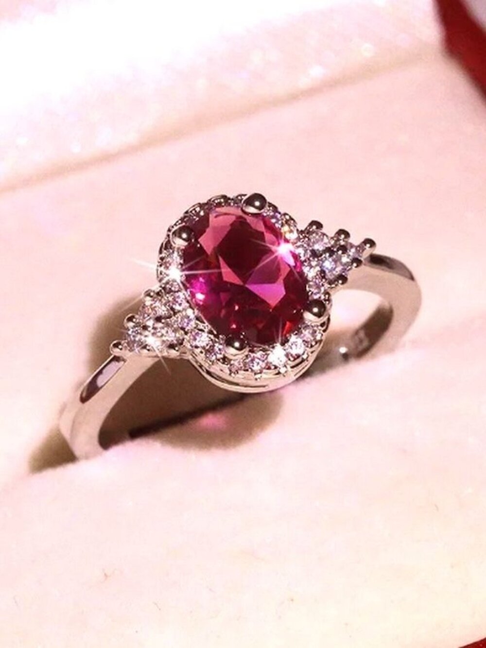 Valentinia Womens Size 7 Oval Faceted Pink Gemstone Silver Ring Gift Boxed